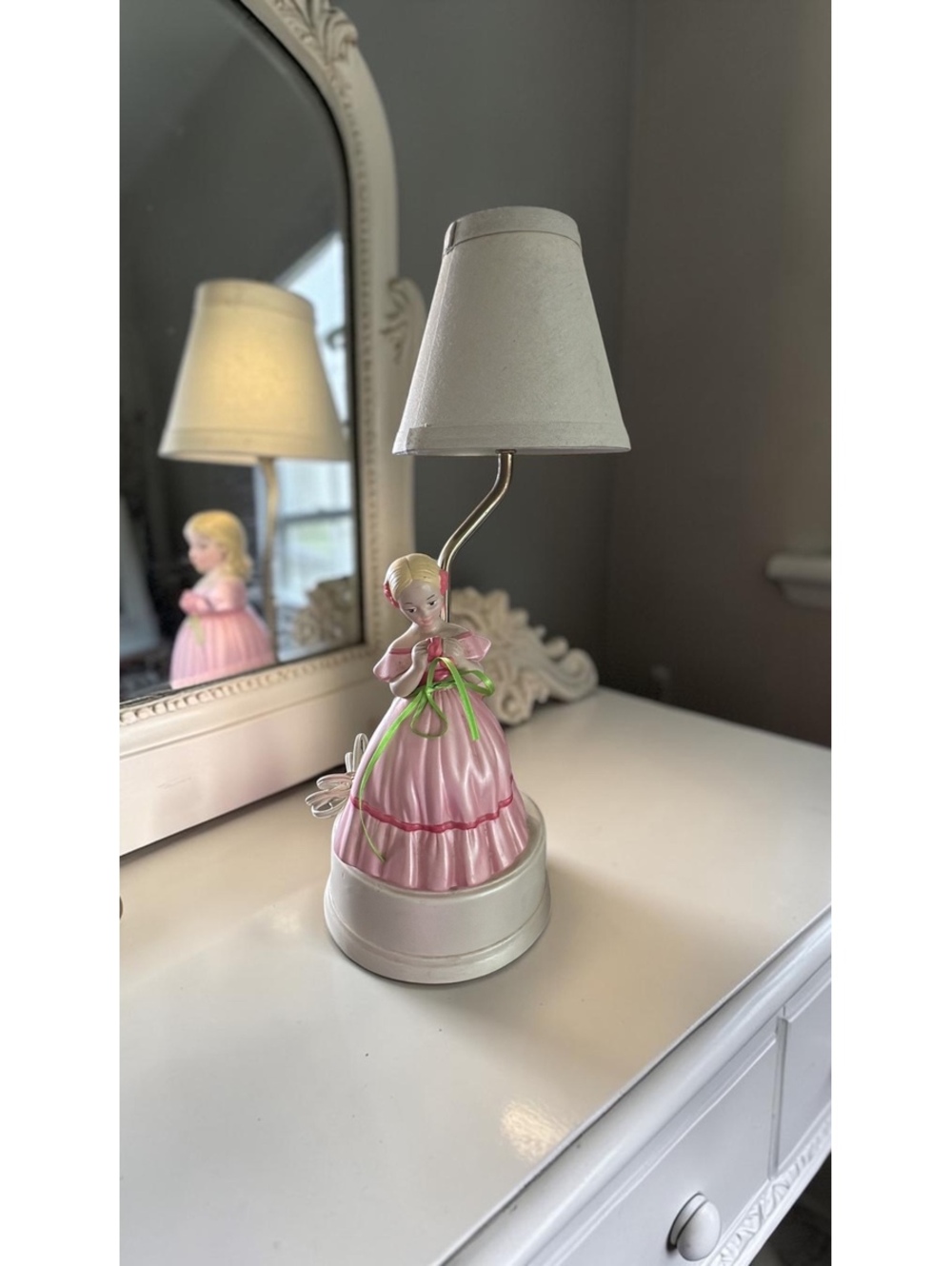 Vintage Ceramic Girl Figurine Table Lamp Pink Dress Nursery Cottage Decor